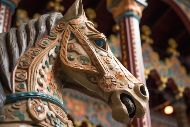 Крупный план замысловато вырезанной деревянной карусельной лошади, созданной с помощью генеративного ИИ