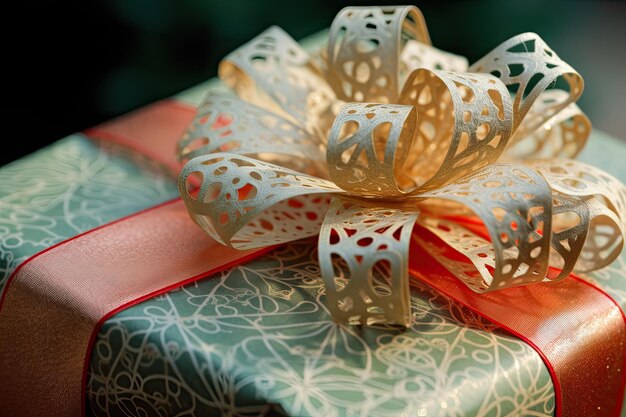 Closeup of intricately wrapped present with holiday bow and ribbon created with generative ai