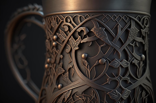 Closeup of iron mug showing intricate details and craftsmanship