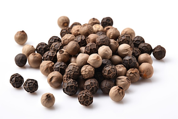 Closeup of isolated black pepper peas on white