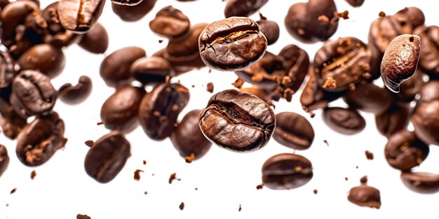 Closeup of isolated coffee beans floating in the air on a white backdrop