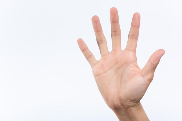 Closeup of isolated on green adult female hand counting from 0 to 5 Woman shows fist fist then one two three four five fingers Manicured nails painted with beautiful pink polish Math concept