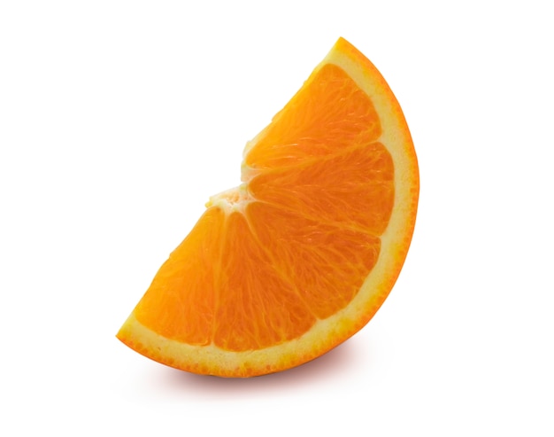 Closeup of isolated of one quarter fresh orange with water droplets on white background. Clipping path photo.