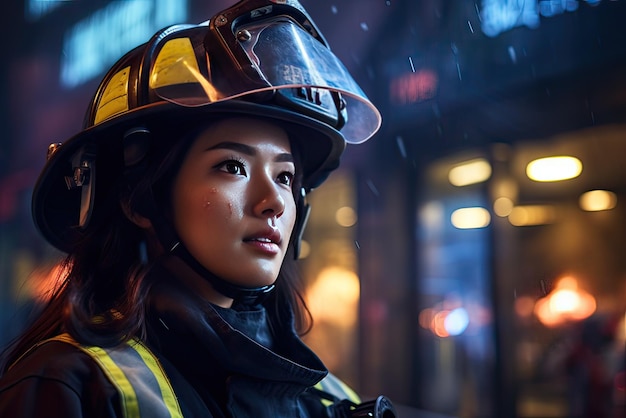日本の女性消防士の作業コンセプトのクローズアップ
