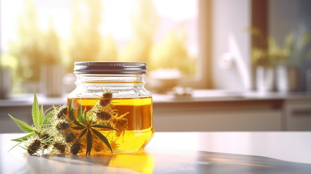 Closeup of a jar of cannabis oil with a cannabis plant in the background