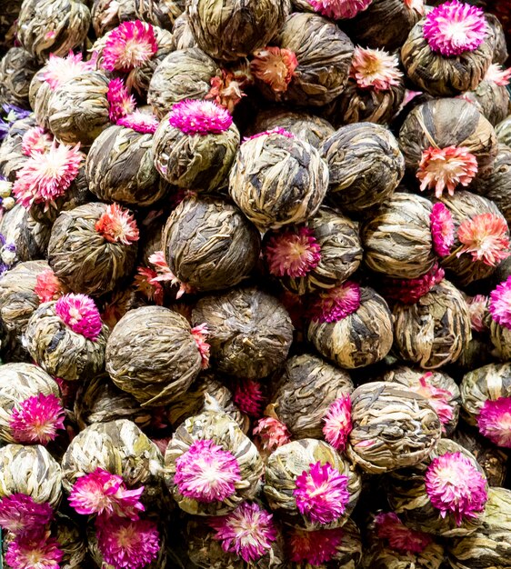 Closeup of jasmine blooming flower tea balls on the market in Istanbul, Turkey