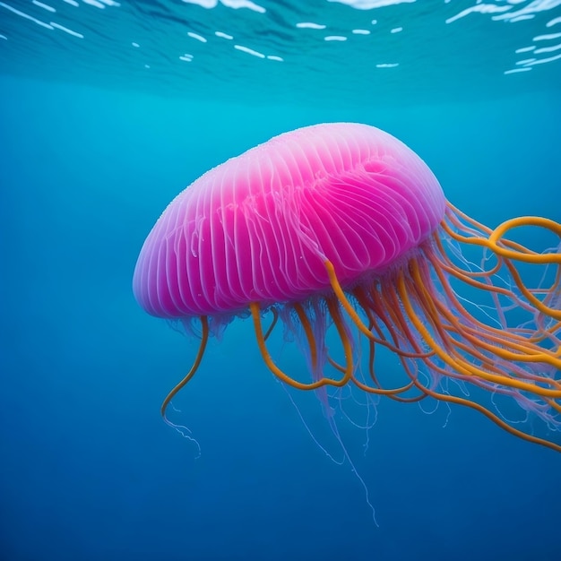 A closeup of a jellyfish with its tentacles floating in the water