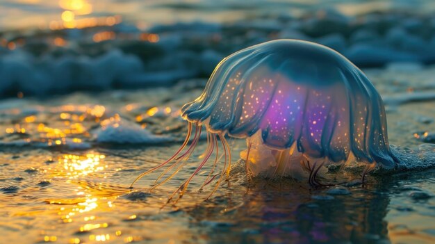 Photo closeup of a jellyfishs beautiful iridescent bell gently swaying in the shallow waters near the