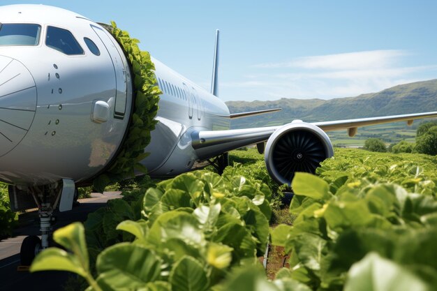 Closeup of jet engine with green leaf symbol for ecofriendly renewable aviation fuel