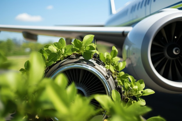 現代航空における環境に優しい燃料を表す緑の葉のシンボルを持つジェットエンジンのクローズアップ