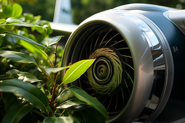 Closeup of jet engine with green leaf symbol for sustainable and renewable fuel in aviation