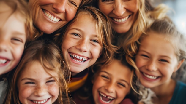 Photo closeup of a joyful family huddle with smiling faces