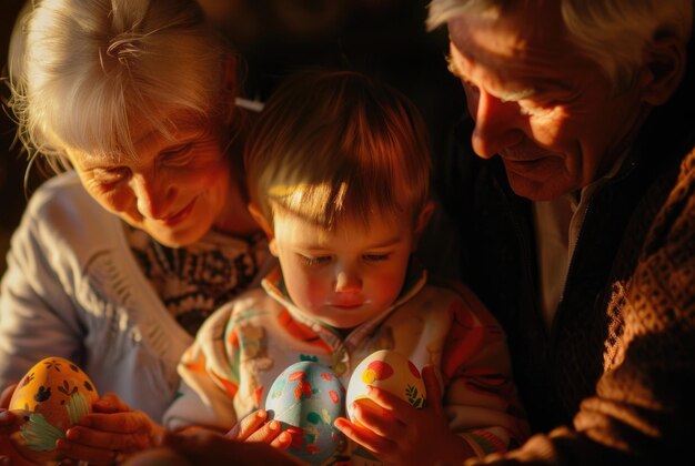 Closeup of a joyful family with painted Easter eggs