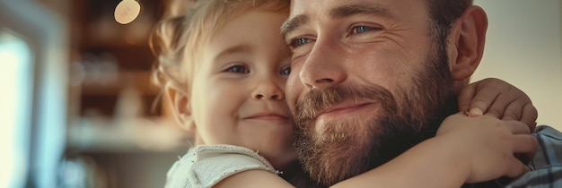 Closeup of a joyful father and child sharing a hug with smiles in natural light