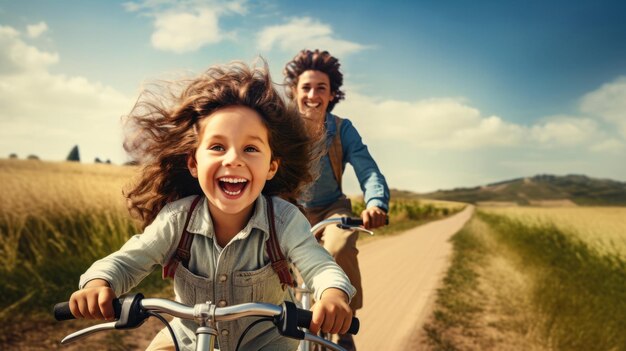 Вблизи радостная девушка ведет свою семью в велосипедное приключение, окруженное спокойствием природы.