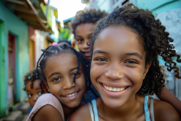 Foto close-up di una giovane donna gioiosa circondata da bambini sorridenti in una comunità vivace