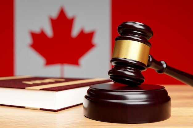 Closeup of the judge's hammer on a wooden table against the background of the Canadian flag The concept of canadian legislation3D rendering