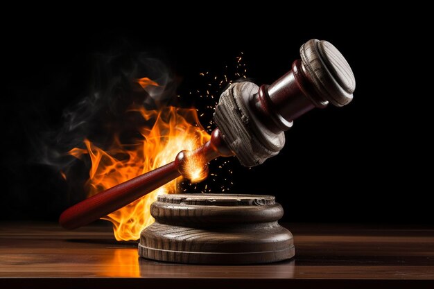 closeup of a judges hand holding a wooden gavel about to strike it on the sound block in courtroom