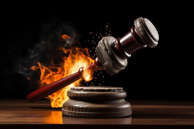 Closeup of a judges hand holding a wooden gavel about to strike it on the sound block in courtroom