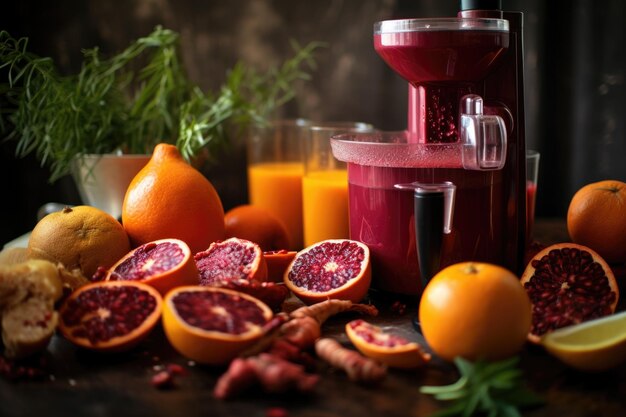 Closeup of juicer with vibrant fruit pulp