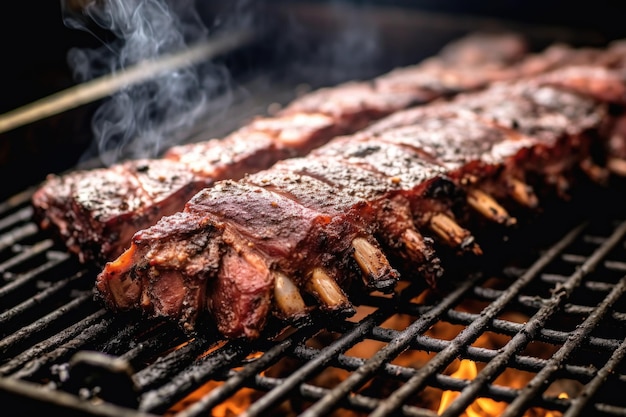 Closeup of juicy bbq ribs in a smoker created with generative ai