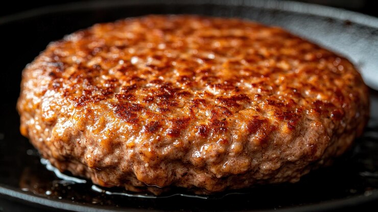 Photo 鉄の鍋で沸騰するジューシーな茶色のハンバーガーパティのクローズアップ