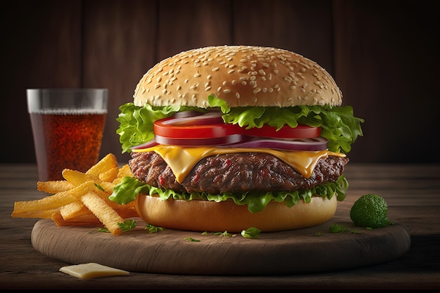 Closeup of a juicy burger with fries it look very delicious Big sandwich hamburger with juicy beef burger cheese tomato and red onion