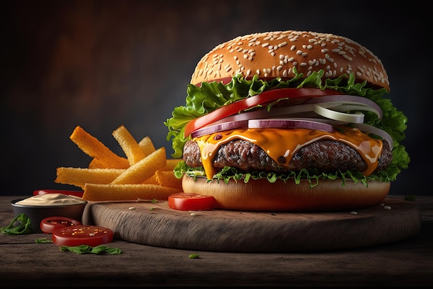 Closeup of a juicy burger with fries it look very delicious Big sandwich hamburger with juicy beef burger cheese tomato and red onion