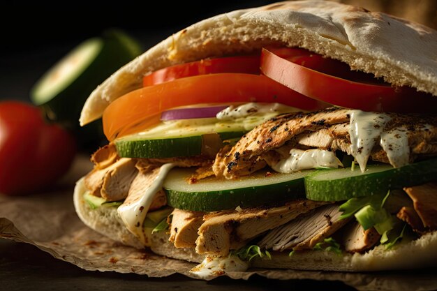 Closeup of juicy chicken shawarma sandwich with pickles and hummus visible created with generative a