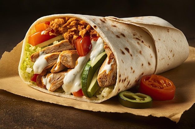 Closeup of juicy chicken shawarma wrap with pickles and sauces created with generative ai