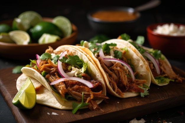 Closeup of juicy and flavorful carnitas tacos created with generative ai