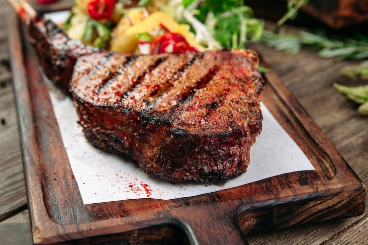 Photo closeup on juicy grilled beef steak on a wooden board