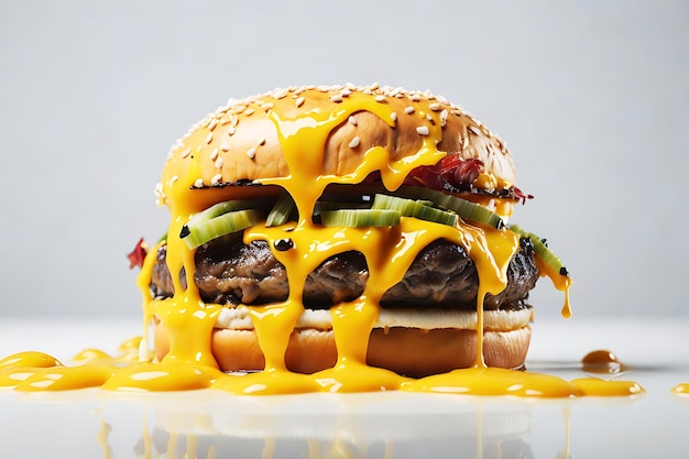 A closeup of a juicy hamburger with melted