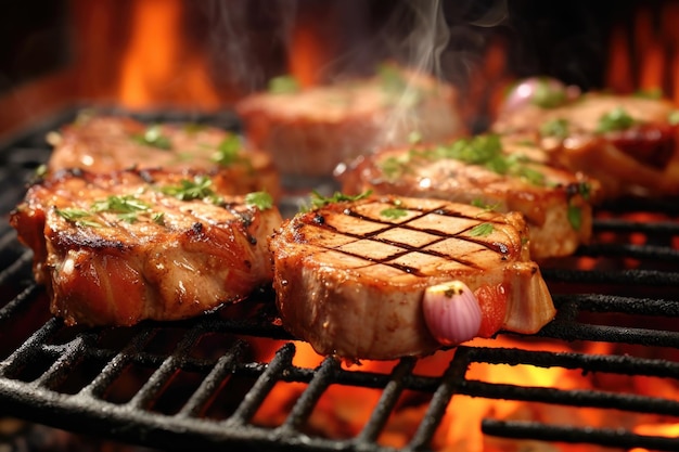 생성 AI로 만들어진 뜨거운 BBQ 그릴에 있는 맛있는 돼지고기 코프의 클로즈업