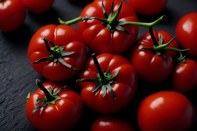 AI에 의해 생성 된 신선한  ⁇ 러드에 첨가 할 준비가 된 맛있는 빨간 토마토의 클로즈업