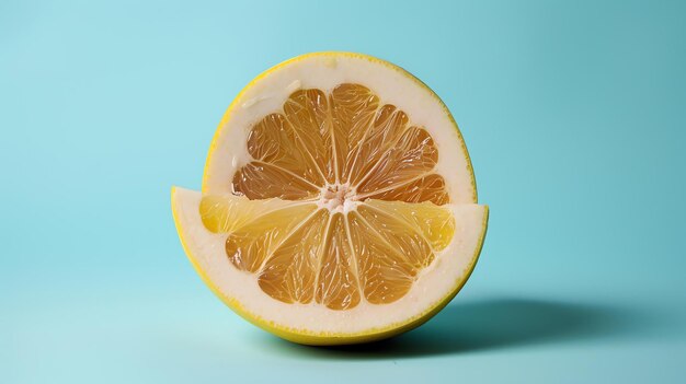 Photo closeup of a juicy ripe lemon cut in half isolated on a blue background the segments are plump and and the is thin and translucent