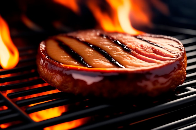 Closeup of juicy steak on grill Generative AI