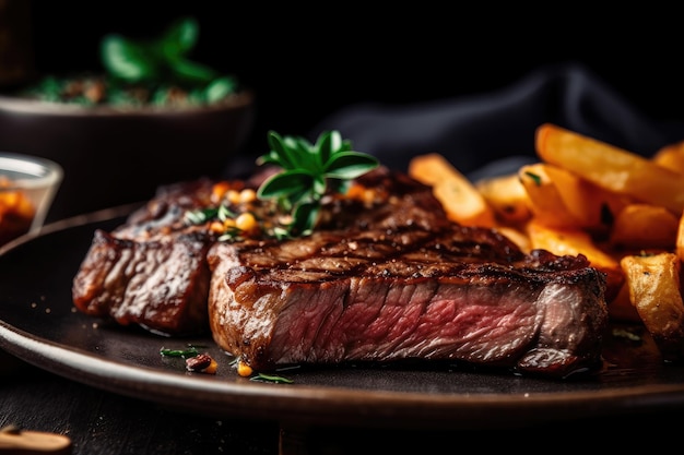 Closeup of juicy steak and pile of perfectly fried potatoes