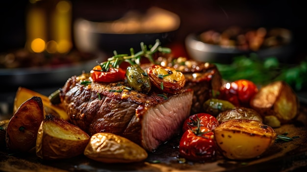 A closeup of a juicy steak with roasted vegetables and potatoes Generative AI