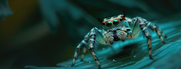 CloseUp of Jumping Spider on a Blue Leaf