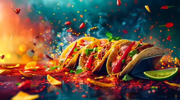 Closeup of kebab sandwich with flying ingredients with fire flames background