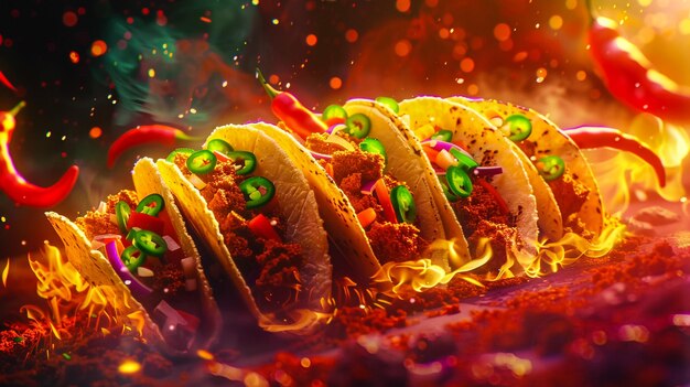 Foto close-up di un panino al kebab con ingredienti volanti sullo sfondo di fiamme