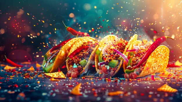 Closeup of kebab sandwich with flying ingredients with fire flames background