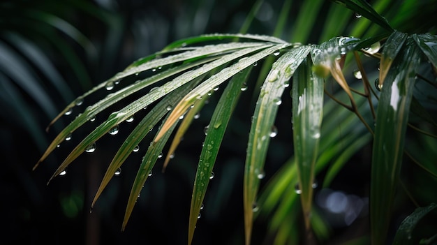 Closeup of Kentia Palm tropical plant leaves with rain drops Green natural backdrop Generative AI