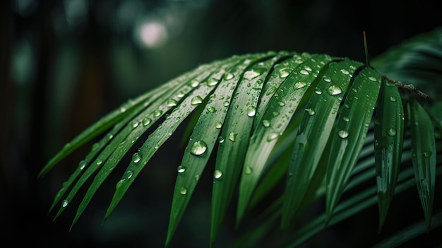 Closeup of Kentia Palm tropical plant leaves with rain drops Green natural backdrop Generative AI