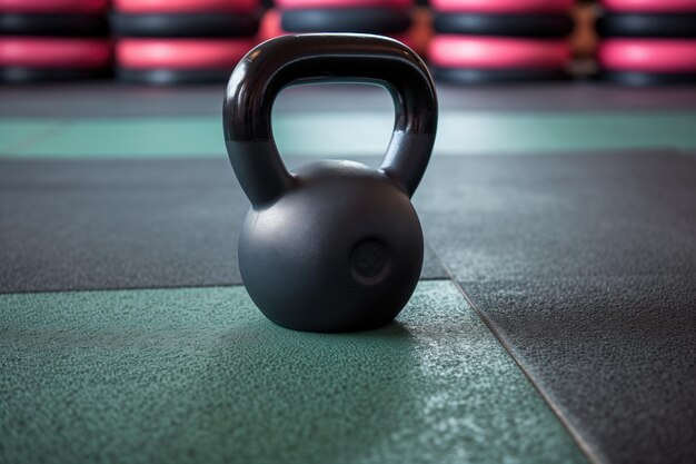 Foto close-up di un kettlebell su un tappetino di gomma