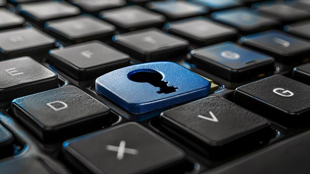 A closeup of a keyboard with a keycap featuring a lock symbol set against a dark blue background