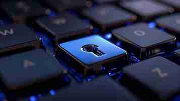 Photo a closeup of a keyboard with a keycap featuring a lock symbol set against a dark blue background