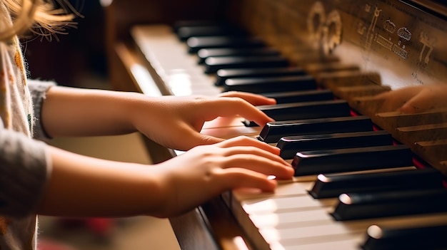 Closeup of kid hand playing piano