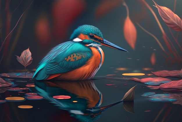 Closeup of kingfisher bird over river water generative ai